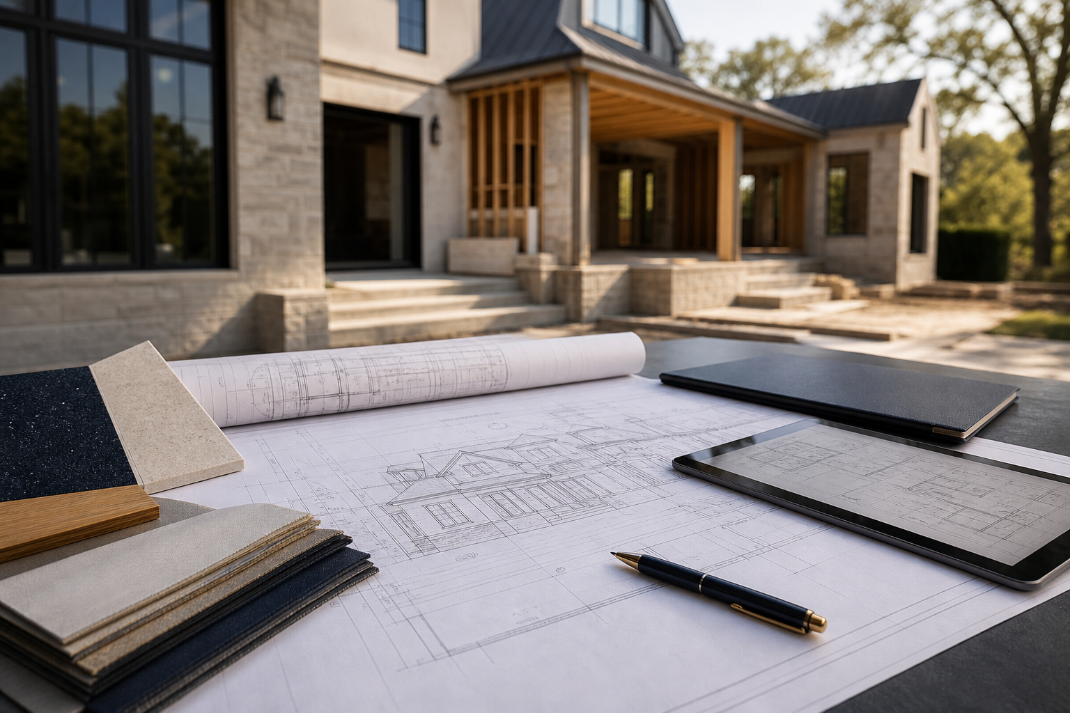 Architectural plans and residential project materials arranged for construction planning